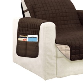 Elegant Comfort Quilted Furniture Protectors Solid and Printed Design Reversible Slipcovers Featuring Elastic Straps and Smart Pockets Great for Pets, Kids and More, Chair, Brown/Cream