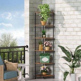 Greatseas Corner Plant Stand Shelf, 6 Tier Tall Shelf Plant Stand for Indoor Plants, Rustic Brown Corner Shelf Bookshelf Wall Decor Living Room, 54.4" Display Shelf for Bedroom, Bathroom, Small Space