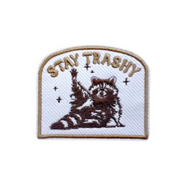 Zolawe (Brown) Stay Trashy Patch, 3 Inches Sew On Iron On Funny Racoon Embroidery Patches for Clothes Backpacks Hats Bags, Sarcasm Embroidered Patches, Racoon DIY Iron On Patch for Boys Girls