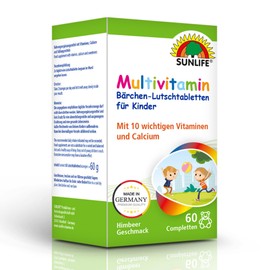 SUNLIFE Multivitamin Children's Bear Lozenges, 1 x 60 Pieces, Multivitamin with 10 Vitamins & Calcium for Bones & Teeth, Raspberry Flavour, Sugar-Free & Gluten-Free, for Immune System and Everyday Use