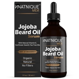 Natnique Men Jojoba Beard Oil Serum with Natural Vitamin E, Sunflower Seed & Tea Tree Oils. Organic, Pure, Natural, No Fillers. Beard Conditioner for Softening, Moisturizing, Itch & Dandruff Free 1 Oz