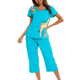 ENJOYNIGHT Womens Pyjamas Short Sleeve Top and Cropped Bottoms Pjs Set Cotton Loungewear Cute Print Nightwear (Small,Blue Giraffe)