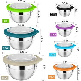 P&P CHEF Mixing Bowl with Lid Set, 7 Pieces Stainless Steel Nesting Salad Bowls for Cooking Serving Prepping, Visible Lids & Stackable Design, Size 4.6, 3.5, 3, 2, 1.5, 1, 0.7 Qt, (Multi-color)