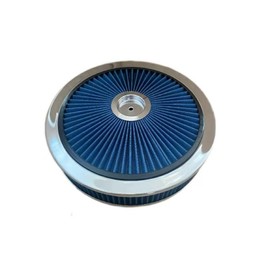 14" X 3" Blue Round High Flow Washable Air Cleaner Filter Assembly w/Chrome Flow-Thru Lid for Caburetor Lid Compatible with Ford/GMC/Chevy SBC BBC