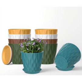 zople 10 Pack 5 Inch Plant Pots with Drainage and Saucers, Multicolour Plastic Flower Pots for Indoor and Outdoor Plants, Stackable Nursery Planters for Houseplants and Herbs, Multicolour