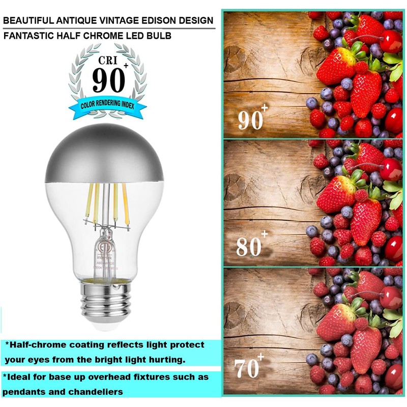 KarlunKoy Half Chrome LED Light Bulbs,Dimmable 6W (Equivalent 60Watt) Edison
