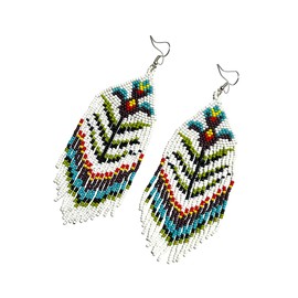 Long Beaded Dangle Earrings – Boho Native Handmade Seed Bead Tassel Bohemian Large Statement Drop Fringes for Women (Whait &)