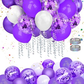 Mbsomnus Pack of 60 Balloons Birthday Purple Balloons Wedding 30 cm Balloons Metallic Purple Confetti with Streamers Purple White Helium Latex Balloons for Graduation Children Party Birthday