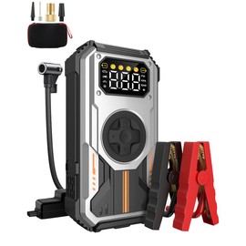 EIGOTRAV [5 In 1]  6000A 12000mA Car Battery Jump Starter with Air Compressor, car Jumper Portable 6000A (For ALL Gas, 12L Diesel), LCD Display LED Flashlight Operating Temperature -20℃ to 70℃ (PD-270, 6000A)