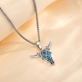 VENACOLY Turquoise Skull Necklace Sterling Silver Skull Cow Head Pendant Western Jewellery for Women