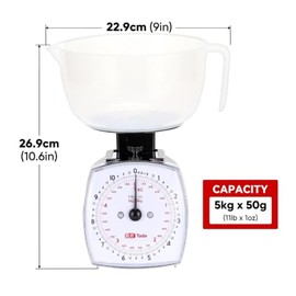 Tada báscula de alimentos analógica de 5 kg, esfera mecánica, báscula de cocina, recipiente de medición extraíble, función tara, apta para uso en la c