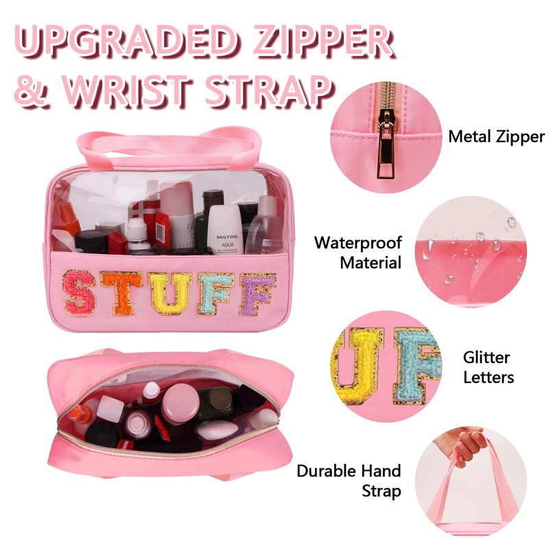 Iqimott Chenille Letter Patch Stuff Bag, Preppy Clear Makeup Cosmetic