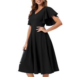 Bridesmay Black Dresses for Women Flared Sleeve Vintage Cocktail Dresses Modest Church Dresses Midi Women's Wear to Work Dresses Black L