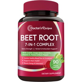 Doctor's Recipes Beet Root Capsules, 20:1 Extract with Grape Seed, CoQ10, Turmeric, Black Pepper for Enhanced Absorption, Supports Heart, Circulation, Energy & Nitric Oxide, Non-GMO, 90 Veg Caps