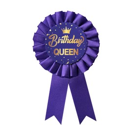WIDEIDEAL Birthday Queen Tinplate Badge Pin, Happy Birthday Rosette Button Pin Girl or Women Purple Award Ribbon Party Decorations Sign