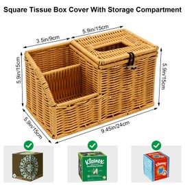 Square Tissue Box Cover with Storage, Multifunction Cube Tissue Box Holder, Farmhouse Wicker Remote Control Nightstand Organizer Caddy for Bathroom, Home, Office Decor, Kitchen Countertop