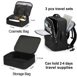 SHRRADOO Travel Backpack for Women & Men,Airline Approved Carry On Luggage,TSA Overnight Bags,40L Personal Item Travel Bag fits 17" Laptop,Carry on Bag with Storage Bag Cosmetic Bag Set 3pcs (Black)