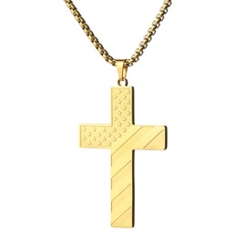 Gold Cross Necklace for Men Stainless Steel 18K Real Gold Plated American Flag Pendant Box Chain Bible Verse Cross Necklaces 4th of July Gifts Mens 22 Inches