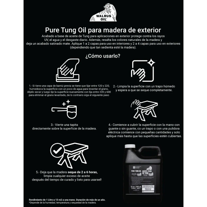 Walrus Oil Aceite Muebles Exterior 32 Oz/946ml 100% Natural