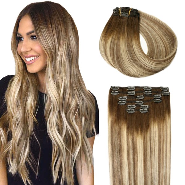 SURNEL Ombre Clip-In Remy Real Hair Extensions Clip Double Wefts Balayage Clip-In Extensions Real Hair Brown to Light Brown with Blonde 14 Inches 6 Pieces 100 g 35 cm (#3/8/22-14 Inches)
