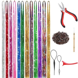 Hair Tinsel Kit Fairy Tinsel Hair Extensions with Tools - 12 Color 48 Inch Glitter Hair Tinsel Kit Heat Resistant Accessories for Girls Women Kids Christmas New Year (12 colors, 48 Inch 120cm)