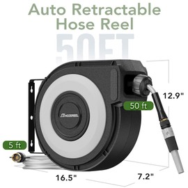 HOZEREEL Wall Mount Retractable Garden Hose Reel, 50 ft, Automatic Self-Retracting, Metal Mounting Bracket, 1/2 Inch Hose Included