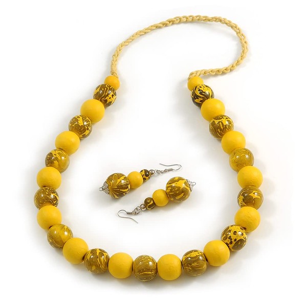 Chunky Wood Bead Cord Necklace and Earring Set with Animal