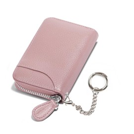 Credit Card Holder Small RFID Blocking Ladies Wallet with Stainless Steel Zipper Excellent Genuine Leather Accordion Wallets Case for ID Compact Slim Blocked Zip Accordian Cards with Keyring Pink