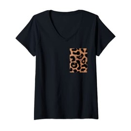 Womens Vintage Leopard Printed Pocket V-Neck T-Shirt