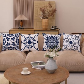 GUHOO Dark Blue Geometric Flower Decorative Throw Pillow Covers 18 x 18 Inch, Set of 4 Abstract Couch Pillows for Living Room Square Pillow Cases Patio Sofa Home Decor