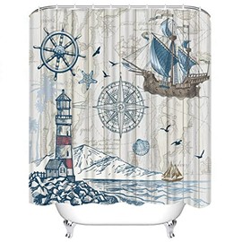 CYREKUD 72" x 72" Nautical Sailboat Map Shower Curtain Rustic Lighthouse Compass Scene Bathroom Set Boys Girls Pirate Ship Home Bath Bathtub Decor Durable Fabric Machine Washable with 12 Hooks