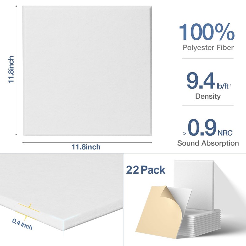 22 Pack Self-Adhesive Acoustic Panels, 12" X 12" X 0.4"