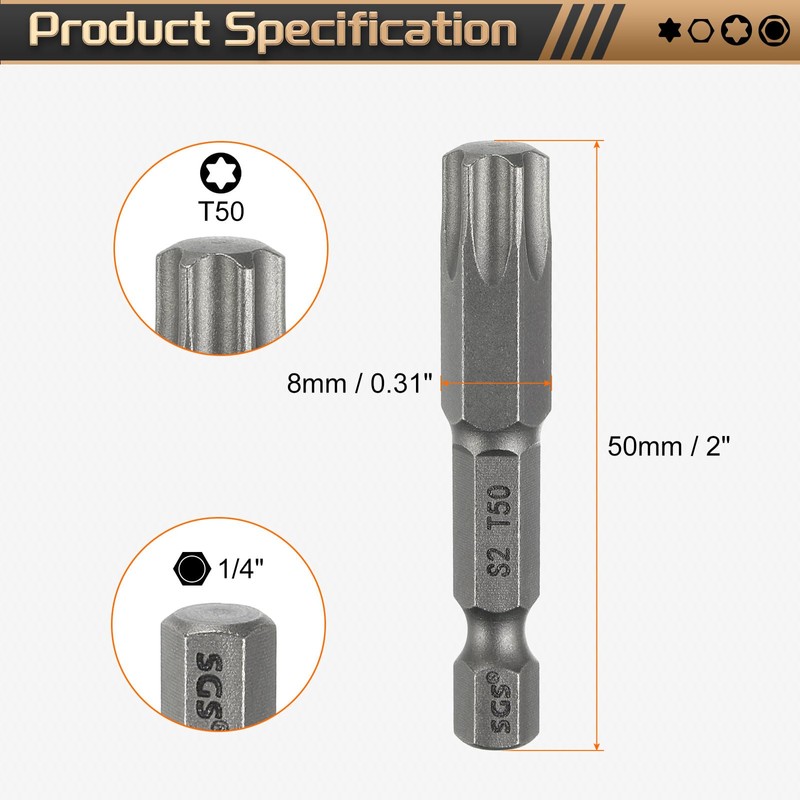 HARFINGTON T50 Torx Head Screwdriver Bit 1/4" Hex Shank 2"