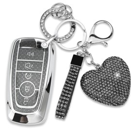 Simocky Key Fob Cover with Diamond Keychain, Car Key Shell Compatible with Ford Explorer Fusion Edge Expedition F150 F250 F350 F450 F550 Maverick Mustang for Women (5 Buttons-Black Heart)