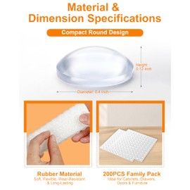 200PCS Clear Silicone Cabinet Door Bumpers, Self Adhesive Soft Rubber Sound Dampening Bumper Pads, Noise Reduction Anti Slip Cushion for Kitchen Drawers, Cupboards, Furniture, Picture Frames
