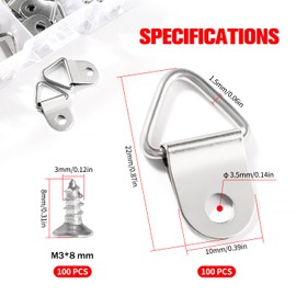 YIXISI 100 PCS Frame Hanging Hangers, Small Triangle Ring Picture Hangers, D Rings Picture Hanger, Triangle Ring Hanger with 100 PCS Screws, for Picture Photo Frame Hanging Home Decoration, Silver