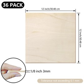 36 Pack Basswood Sheets 1/8 inch, 3mm Basswood for Laser Cutting, 12 x 12 inch Wood Slabs for Crafts, DIY Architectural Models Making, Wood Engraving, Staining，Wood Burning