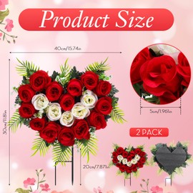 Luinabio 2 Sets Father's Day Cemetery Flowers for Grave Memorial Grave Wreath with Ground Spike Red White Rose Heart Spring Flower Bouquet for Outdoor Mother Father Headstone Graveside Decorations