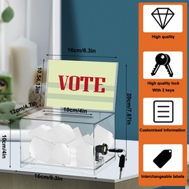 FOCCTS Clear Acrylic Donation Box with Lock, Ballot Box Suggestion Box Tip Box With Sign Holder, Raffle Ticket Box Clear Lock Box for Voting Donation Ticket Comment Tips(6.2" x 4.5" x 4")