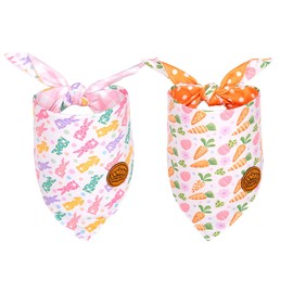 CROWNED BEAUTY Easter Dog Bandanas Reversible Small 2 Pack, Bunny Treats Set, Pink Orange Djustable Triangle Holiday Scarves for Dogs Cats Boy Girl Pets DB164-S