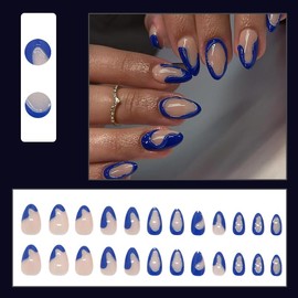 MouyouGlow Press on Nails Kurz,Almond Nude Base Blau French 3D Wellenlinie Fake Nails mit Nagelkleber,Blue Tips Striped INS Künstliche Fingernägel