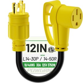 POWGRN 30 Amp to 50 Amp RV Generator Adapter Cord 1FT(12 Inch), NEMA L14-30 Male Plug to NEMA 14-50 Female Plug, 4 Prong Heavy Duty Power Cord, 10 Gauge STW, 30A 125V/250V, Black-Yellow, ETL Listed