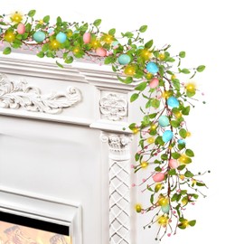 Sggvecsy Huevos de Pascua artificiales de 5.9 pies con bayas coloridas, hojas verdes, guirnaldas rústicas de primavera de Pascua para chimenea, mesa del hogar, decoración de interiores