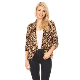 Women 3/4 Sleeve Open Front Cardigan Jacket Work Office Blazer with Plus Size Animal Brown 2 S
