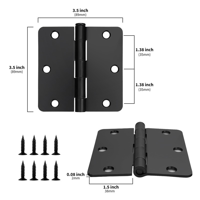 goldenwarm 6Pack Door Hinges Black Matte 3.5 Inch Rounded Black