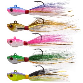 Bucktail Jigs Saltwater Fluke Lures,5PCS Bucktail Hair Jigs Head Fishing Lure Baits Assorted Kit for Bass Striper Bluefish Surf Fishing 1/4oz 1/2oz 1oz 1.5oz 2oz