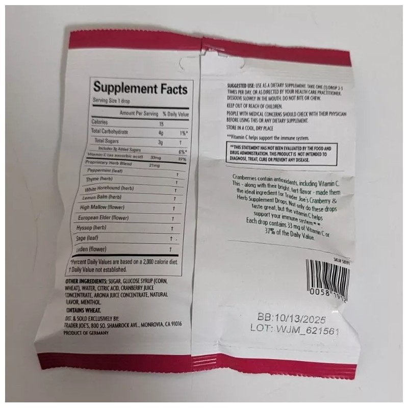 Trader Joe's Cranberry & Herb Supplement Drops With Vitamin C