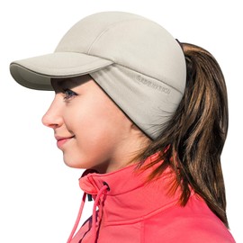 GADIEMKENSD Winter Fleece Hats Reflective Ponytail Hat for Women Ball Caps with Earflap Drop Down Ear Warmer Mens Skull Cap Beanie with Visor Cold Hat for Outdoor Hiking Running Snow Ski Khaki