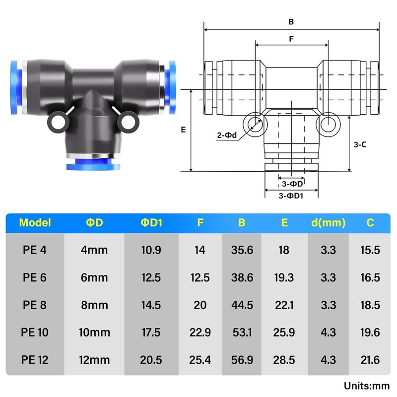 TAILONZ PNEUMATIC 4mm OD Tee Plastic Push to Connect Fittings