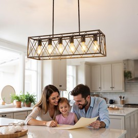 DORESshop 6-Lights Rustic Farmhouse Chandeliers for Dining Room, Modern Rectangle Farmhouse Kitchen Light Fixtures, Adjustable Height Dining Room Light Fixture for Kitchen Island, Living Room